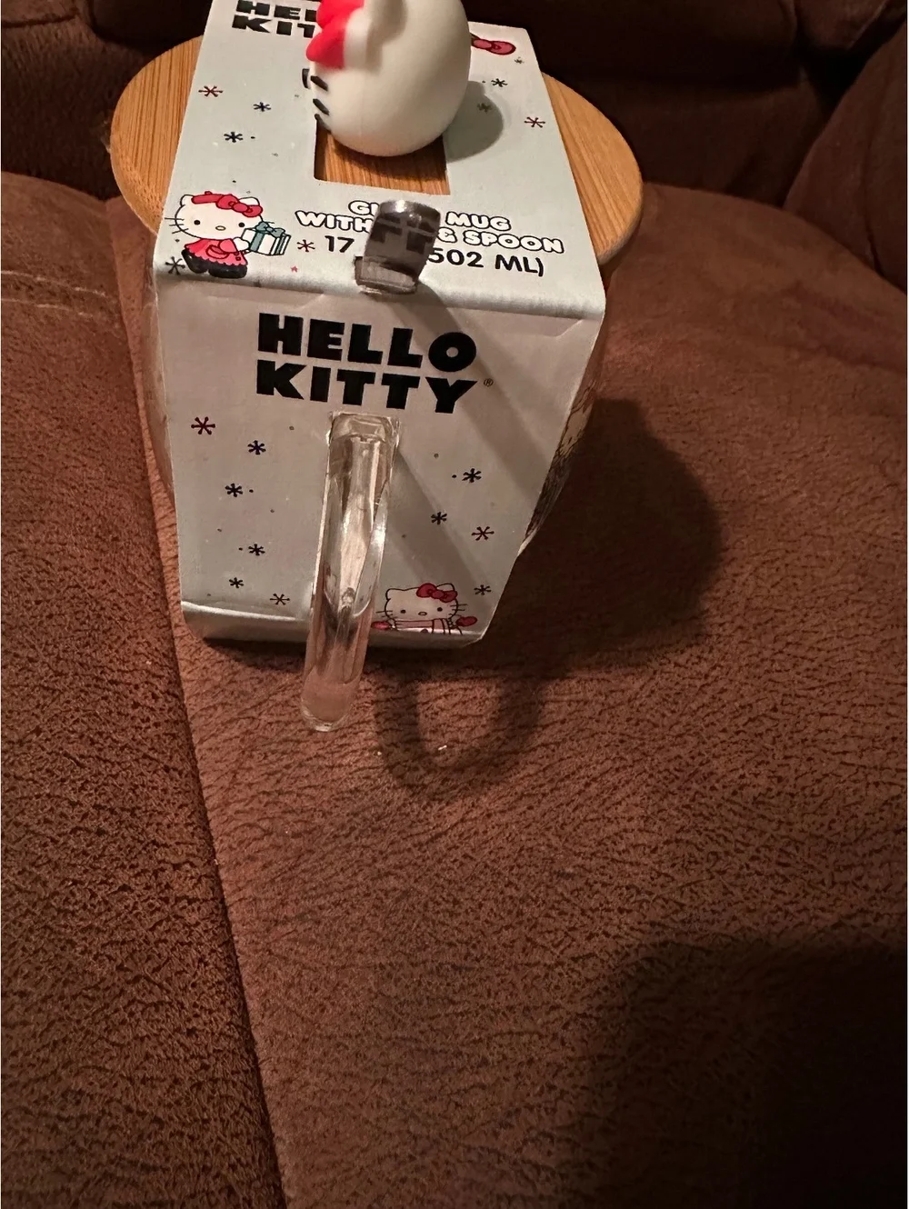 Hello Kitty Christmas Holiday Glass Mug with Wood Lid Topper & Spoon - 17 oz NIB